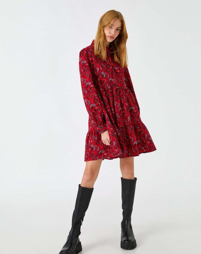 ⁦Floral Winter Dress Long Sleeve Ruffle Buttoned⁩ - الصورة ⁦2⁩